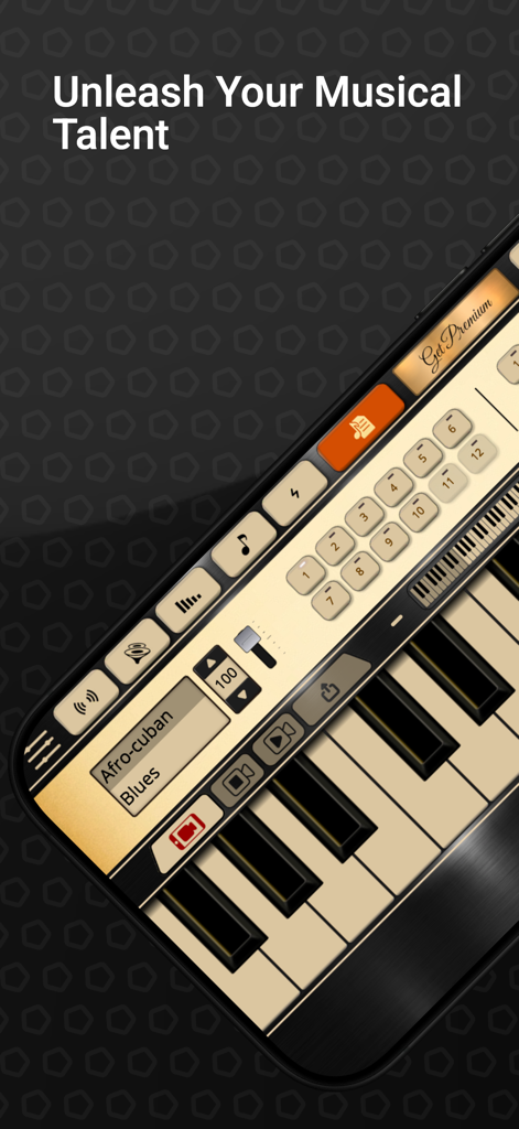 Harmonica Sim - Harmonica Sim app screen showing a virtual instrument interface with piano keys and musical genre settings