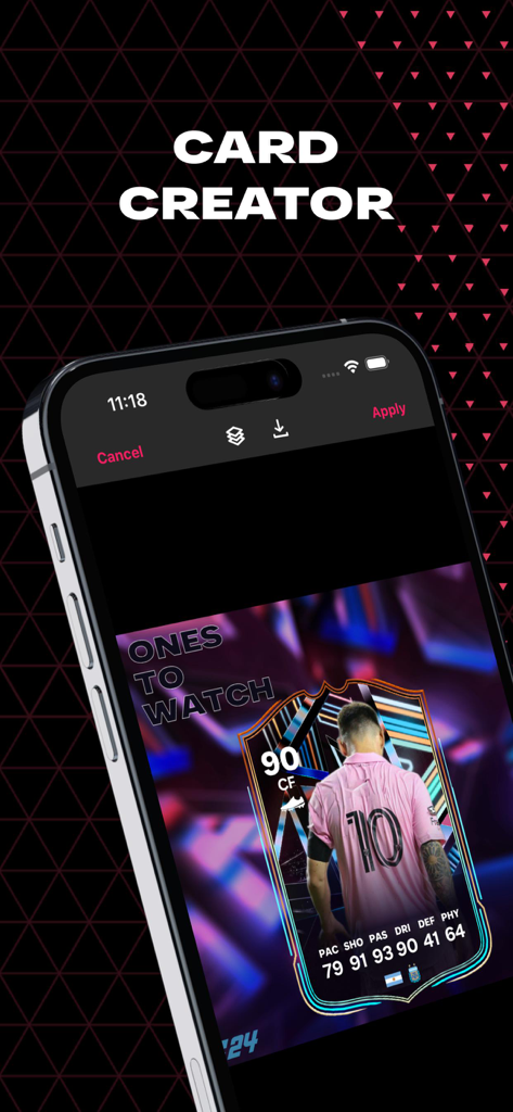 Futnet - FC 25 Cards & Squads - Interfaz del creador de cartas de la app Futnet mostrando una carta personalizada de jugador de fútbol con estadísticas del jugador