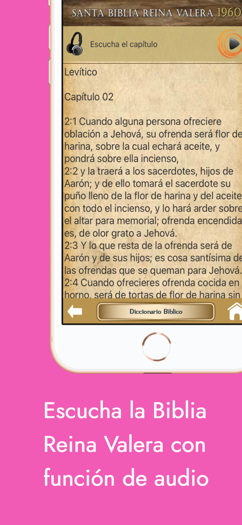Diccionario Bíblico y Bibia - Interfaz de la aplicación móvil mostrando el texto de la Biblia Reina Valera 1960 con función de escucha de audio