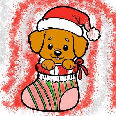 cute puppy wearing santa hat in socking