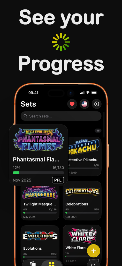 Pokefolio for Pokemon TCG - Mobile interface of Pokefolio showing completion percentage for different Pokemon TCG sets
