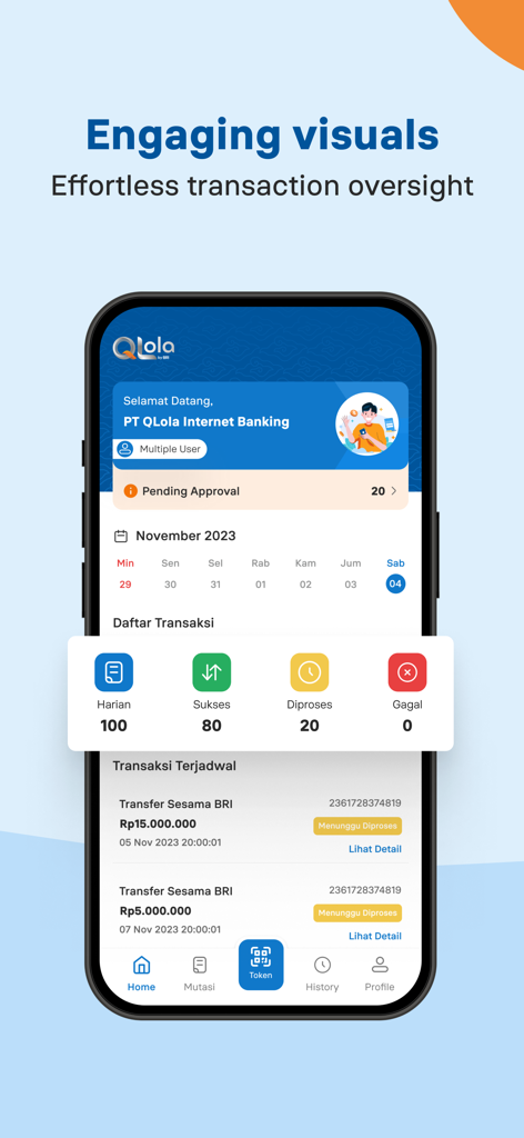 QLola IB Token - QLola IB Token mobile app interface for transaction monitoring and oversight