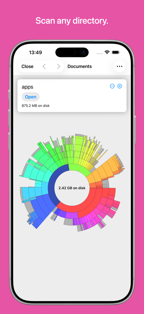 A colorful sunburst chart visualizing disk usage on an iPhone