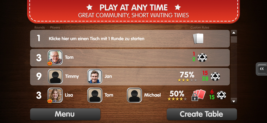 Skat Palace - Skat Palace online game lobby showing active tables and real players