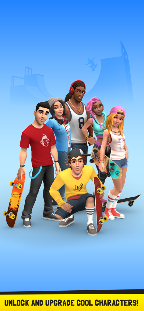 A diverse group of stylish skateboarder characters in the Flip Skater mobile game.