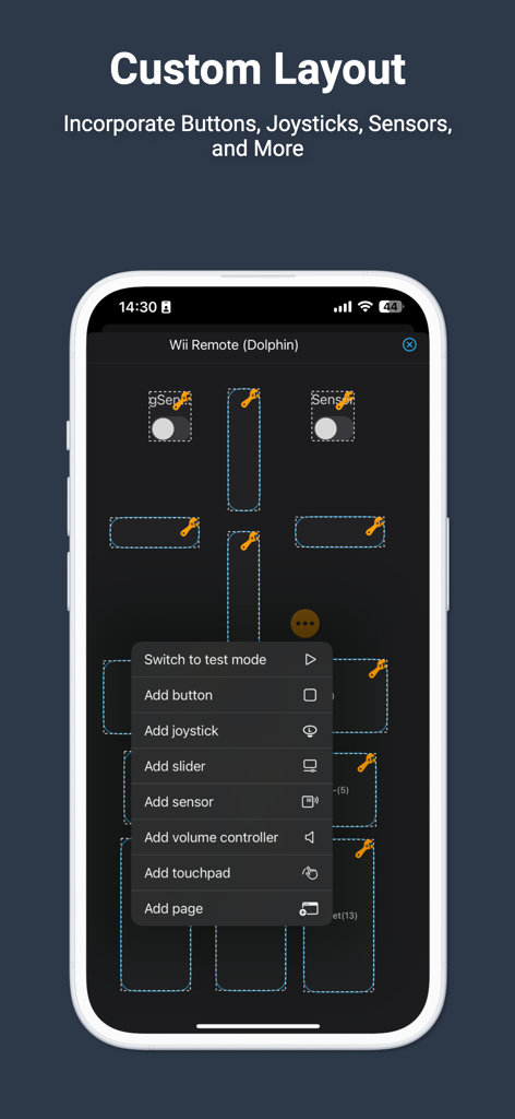 Pantalla de smartphone mostrando el editor de diseño personalizado en la aplicación PC Remote para configurar botones y joysticks virtuales de juegos.