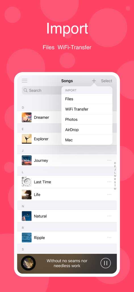 LoveMusic Player - Local Play - LoveMusic app screenshot showing the music import menu with options for Files WiFi Transfer AirDrop and Mac