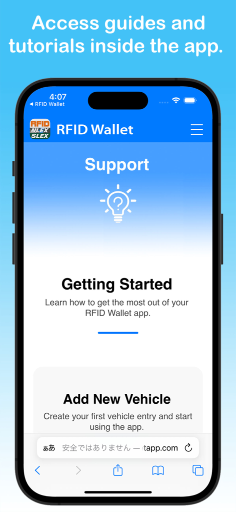 RFID Wallet EasyTrip AutoSweep - RFID Wallet app support screen showing getting started tutorials and new vehicle setup options