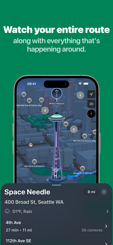 Mapa 3D de Seattle mostrando a localização de câmeras de tráfego perto da Space Needle no aplicativo Washington State Road Cameras.