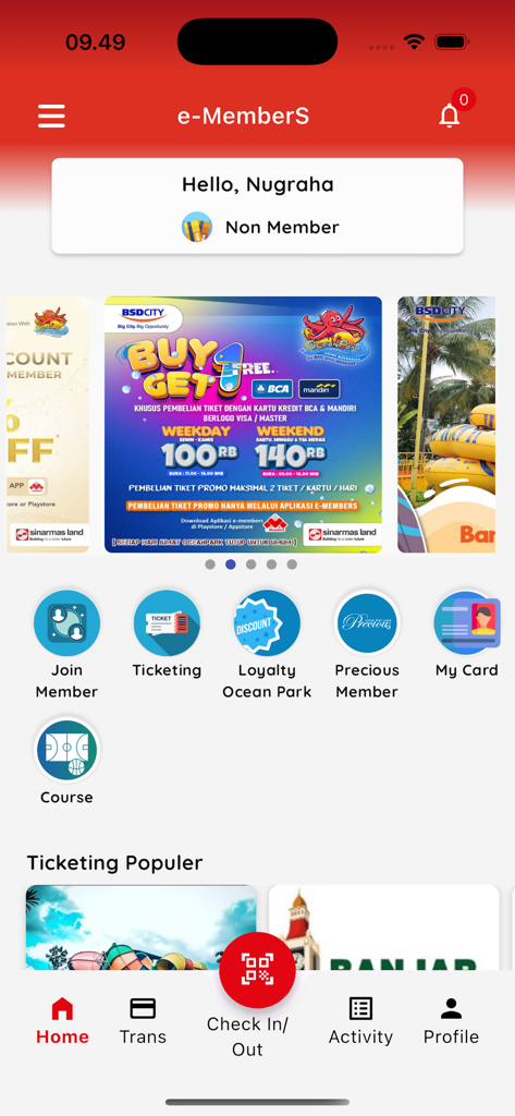 eMemberS By Sinar Mas Land - The home screen of the eMemberS mobile app featuring membership status, promotional offers, and quick access to ticketing and club services