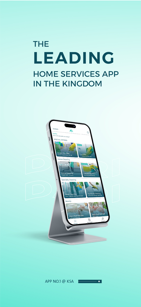 DARI: Home Services - Smartphone displaying the DARI home services app interface featuring cleaning and beauty service booking options