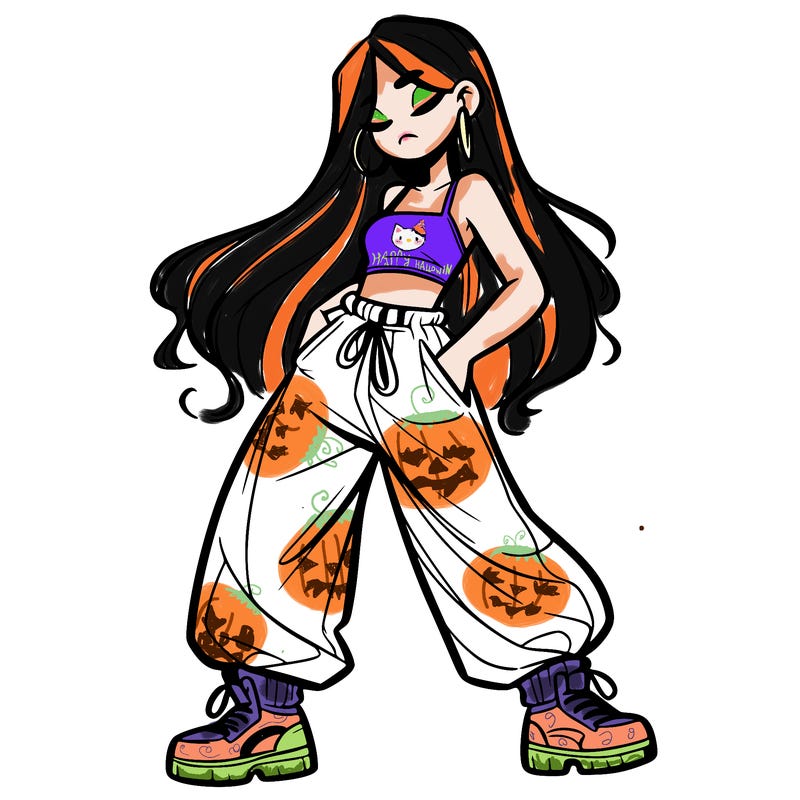 girl in baggy pants crop top and long hair
