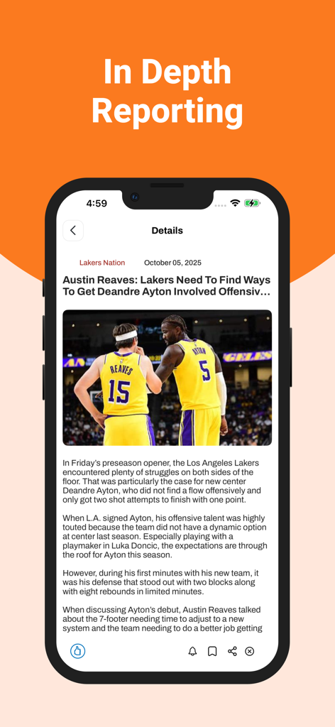 Basketball News & Scores - 심층 보고라는 제목의 상세 농구 뉴스 기사를 표시하는 모바일 앱 화면