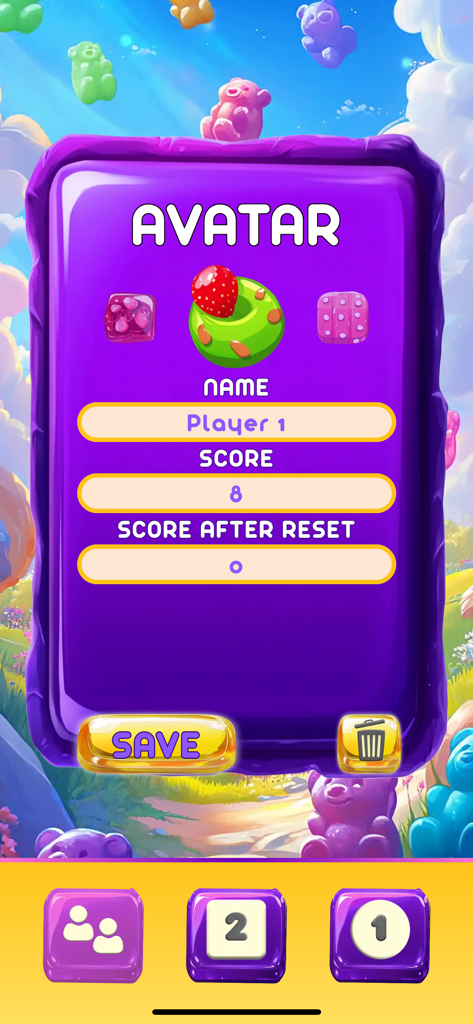 Candy Score app interface for setting up a player avatar and tracking game scores