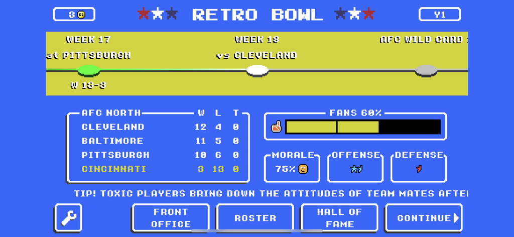Retro Bowl - レトロボウル ゲーム画面。クラシックなピクセルアートスタイルで、AFCノースのリーグ順位とチームの士気に関する統計が表示されている。