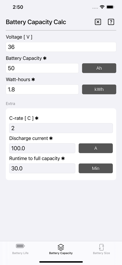 Battery Capacity Calculator screen showing electrical data inputs and results