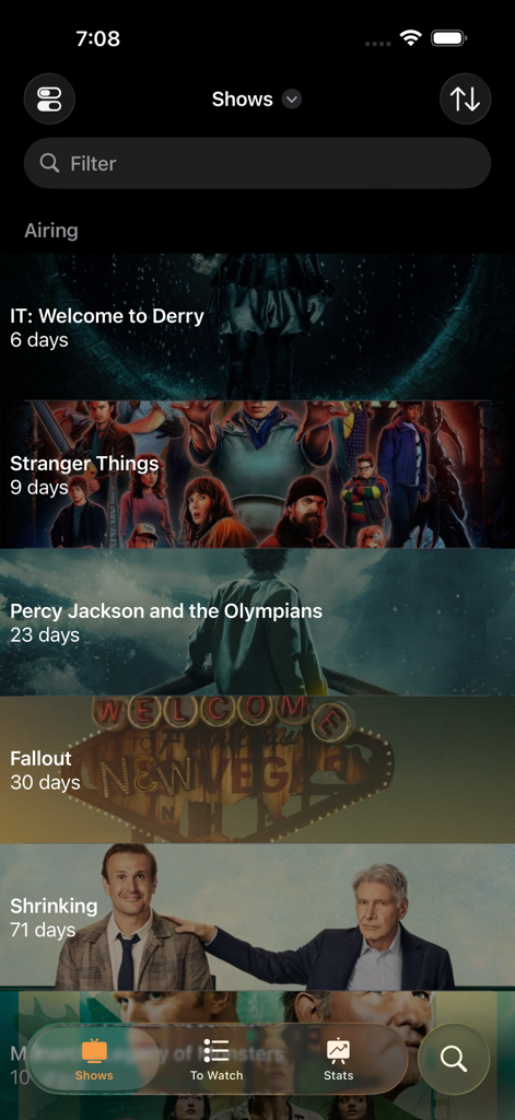 L'interfaccia dell'app Television Time che mostra un elenco di imminenti serie come Stranger Things e Fallout con countdown per la messa in onda.