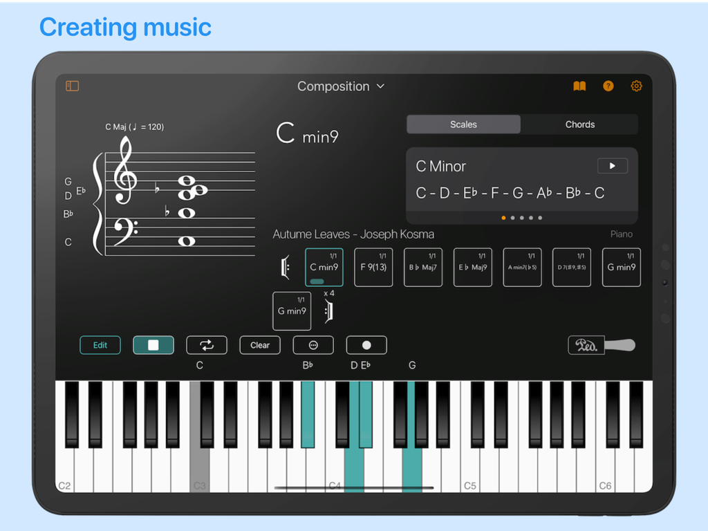 Chordio: compose & learn music - Chordio app composition interface featuring musical notation, chord progressions, and a virtual piano keyboard.