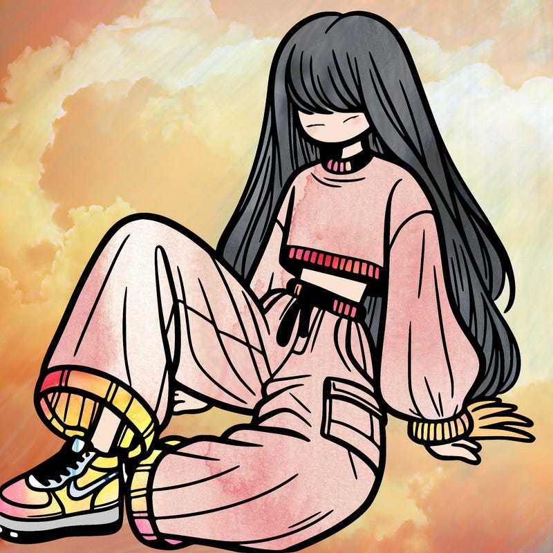 a girl with baggy pants and a crop top with long hair