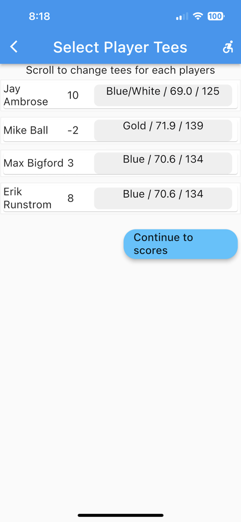 Golf Bank App - Interface of the Golf Bank App showing a list of players with their handicaps and selected tee colors for a round of golf