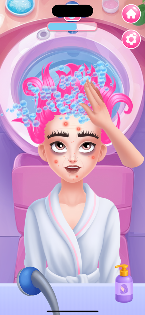 Beauty Salon Girl - Un personaje con cabello rosa brillante siendo lavado con burbujas de jabón en un lavabo de salón