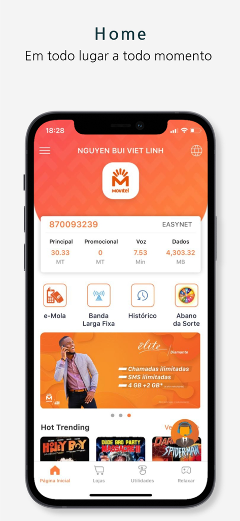 Tela inicial do aplicativo móvel Super Movitel exibindo saldo da conta e atalhos de serviço