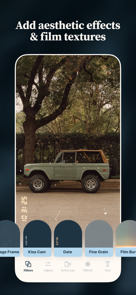 Setty: Photo Filters & Presets - Setty app interface showing vintage film textures and aesthetic effects applied to a photo of a classic car.