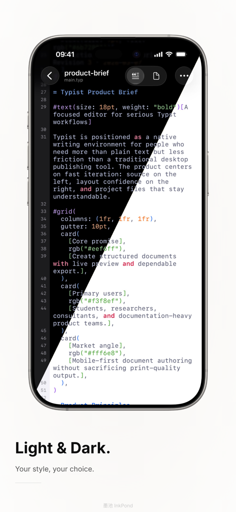 InkPond - Pantalla dividida diagonal que muestra la interfaz de la aplicación InkPond en modo claro y oscuro con resaltado de sintaxis