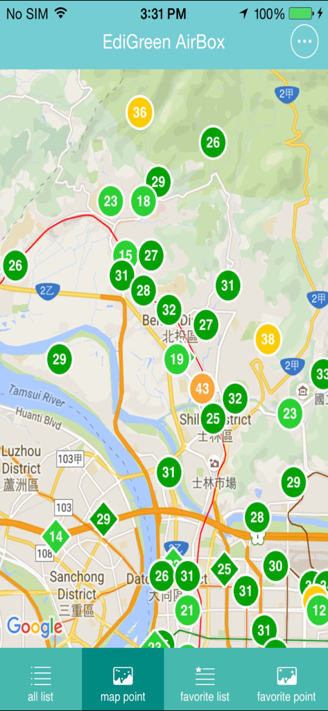 EdiGreen - EdiGreen app interface showing a map with color coded markers representing real time air quality levels at various monitoring stations.