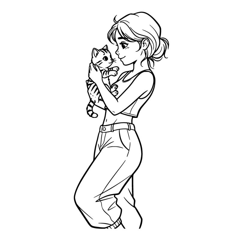 girl with a crop top holding a kitten