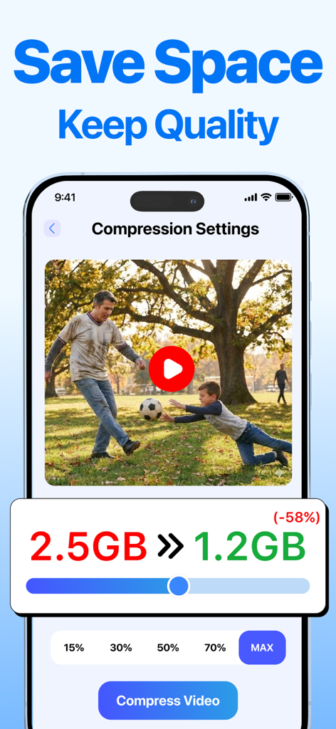 AI Cleaner app interface showing video compression settings and 58 percent storage saving