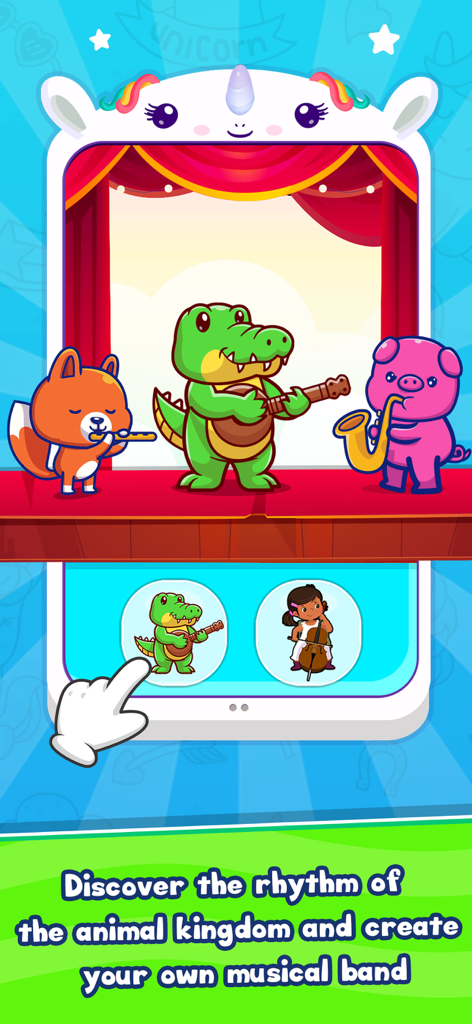 Baby Unicorn Phone For Kids 2+ - Animales tocando instrumentos musicales en un juego de teléfono para bebés con temática de unicornio