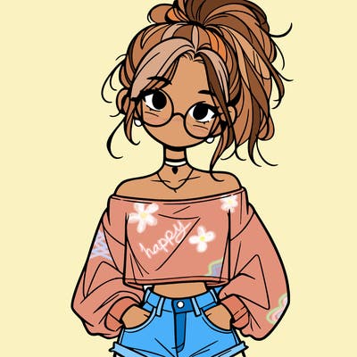 girl with a messy ponytail glasses a baggy crop top and jean shorts