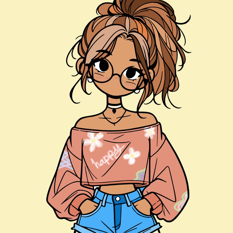 girl with a messy ponytail glasses a baggy crop top and jean shorts