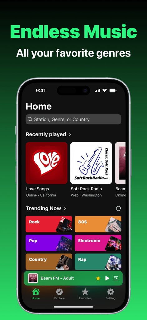 FM Radio: Music, Sports & News - La pantalla de inicio de la aplicación Radio FM mostrando géneros musicales de moda y estaciones de radio reproducidas recientemente