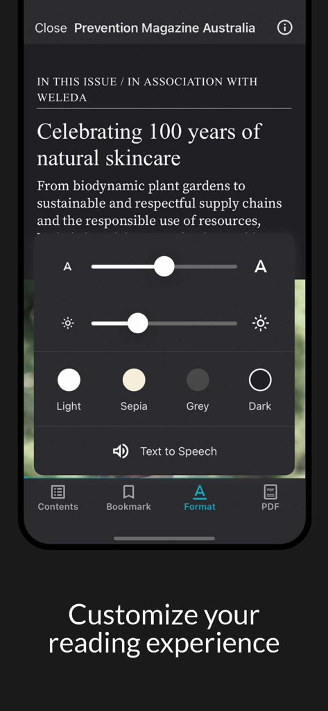 Prevention Magazine Australia - Reading customization menu in the Prevention Magazine app showing text size and theme options