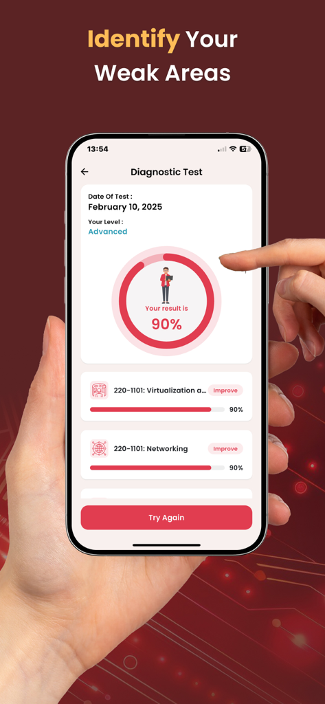 CompTIA A+ Practice Test 2026 - Ein Bildschirm mit den Ergebnissen eines Diagnosetests in der CompTIA A+ Übungs-App, der eine Punktzahl von 90 Prozent und eine Leistungsaufschlüsselung nach IT-Thema zeigt.