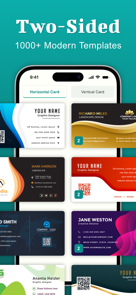 Business Card Maker : Creator - A mobile app screen showing a variety of modern two-sided business card templates.