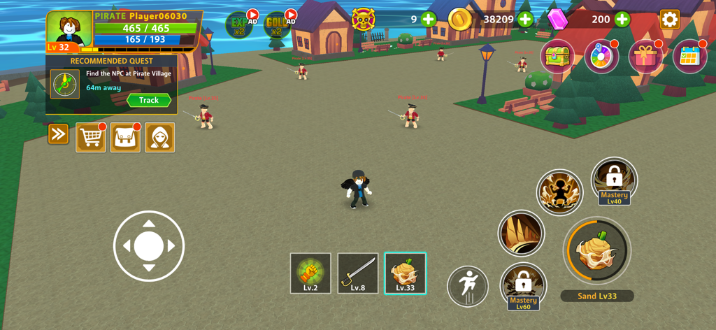Pirate Devil - Gameplay of Pirate Devil showing a blocky character in an island village environment