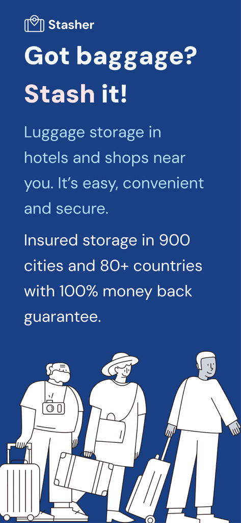 Stasher Luggage Storage - 여행자 일러스트와 서비스 세부 정보가 포함된 Stasher 수하물 보관 앱 화면