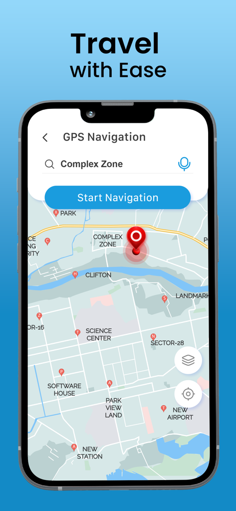 Interfaz de la aplicación RouteFinder mostrando un mapa GPS con un pin de destino y un botón para iniciar la navegación.