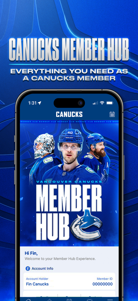 Canucks - Vancouver Canucks official app member hub screen showing account information and team imagery