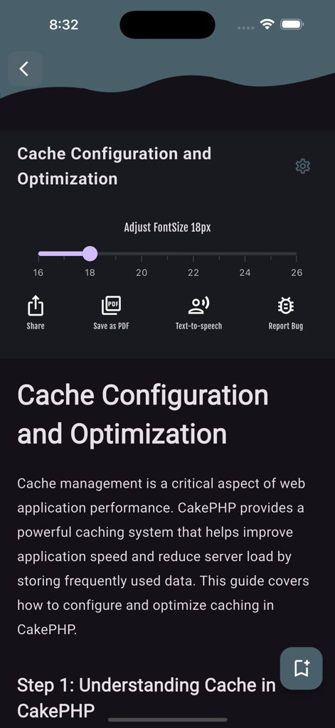 Screenshot of the Learn CakePHP Framework app showing a tutorial page on cache configuration with text-to-speech and save as PDF options.