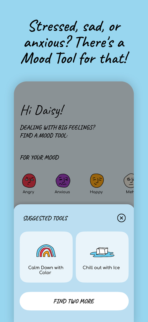 The Mood Tools - Interfaz de la aplicación The Mood Tools que muestra iconos de selección de estado de ánimo como Enojado y Ansioso con herramientas de afrontamiento rápido sugeridas.