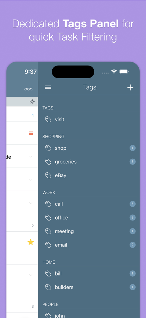 2Do - Todo List, Tasks & Notes - A mobile screenshot of the 2Do app showing the dedicated tags panel for organizing and filtering tasks.