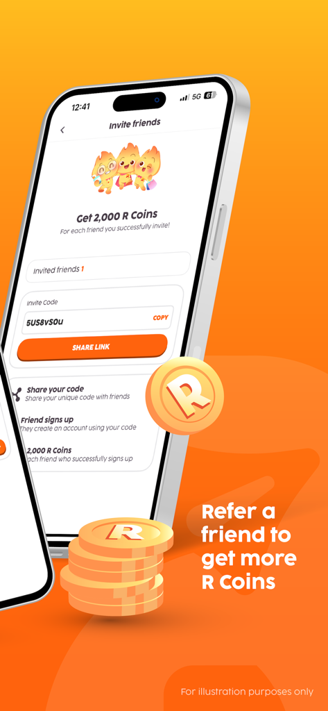 Reward Land - Reward Land mobile app referral screen showing how to earn 2000 R Coins by inviting friends