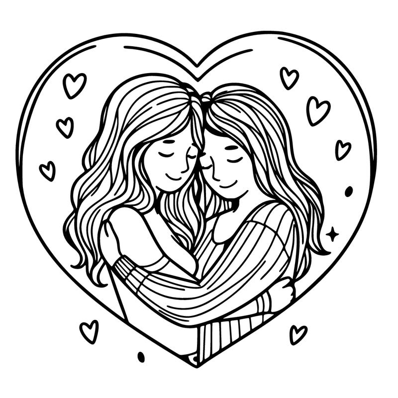 two women hugging with hear around them realistic