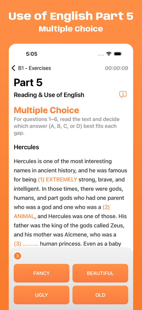 Schermata dell'app Simulatore Esame Cambridge B1 che visualizza un esercizio a scelta multipla della Parte 5 di lettura e uso dell'inglese su Ercole.