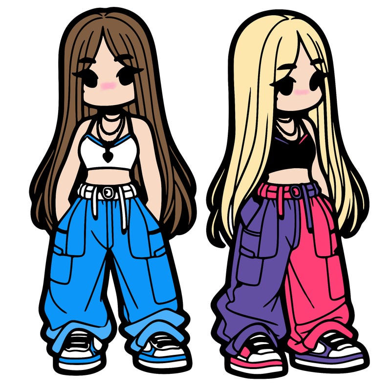 girl in baggy pants crop top and long hair