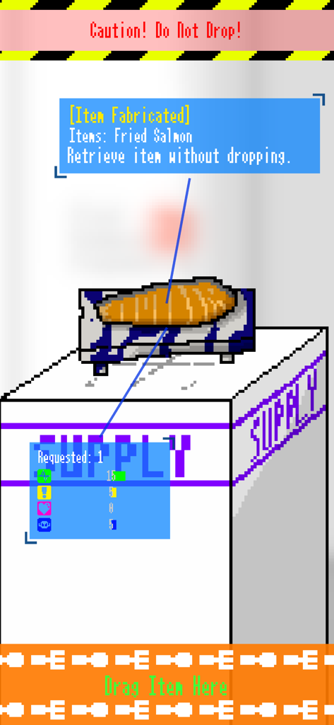 Parasite Days - Pixel art screenshot of Parasite Days showing a fried salmon item fabricated on a supply unit with drag instructions